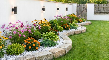 Beautifully landscaped garden bed with colorful flowers and stone border along a white wall with modern lighting