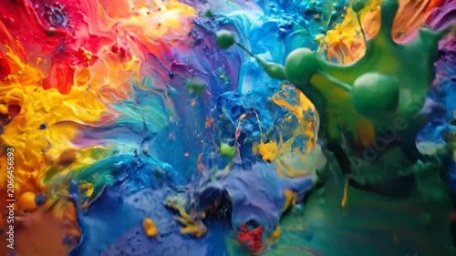 Vibrant explosion of colorful liquid paint splashes in a dynamic abstract composition