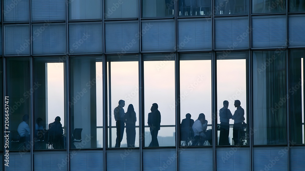 Obraz premium A tranquil view of people engaged in discussion within a modern organized glass skyscraper setting