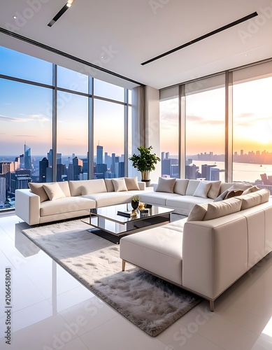 A modern living room with a stunning city skyline view at sunset (159)