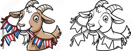 Cute Cartoon Goat Chewing on Patriotic American Flag Bunting