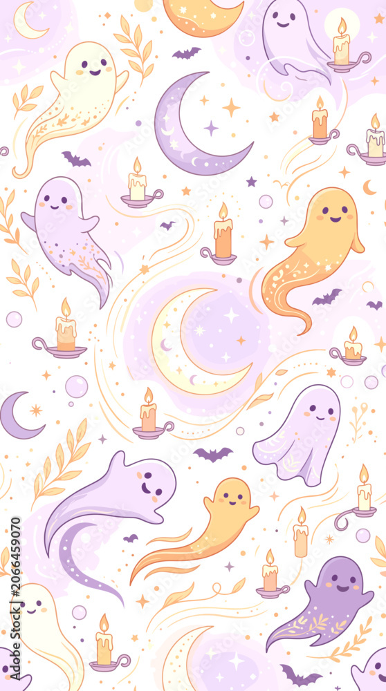 Fototapeta premium Whimsical Pastel Halloween Pattern Featuring Cute Floating Ghosts and Glowing Candles with Crescent Moon Elements