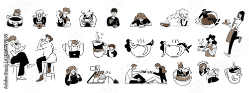 coffee culture and cafe people hand drawn flat line color illustration