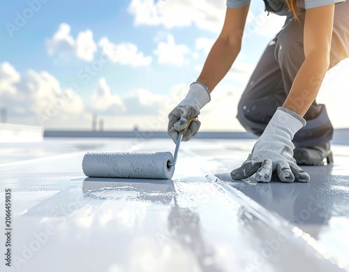 Using a roller brush to apply a waterproof coating to a rooftop. Generated image	
