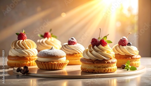 A plate of assorted desserts with cream and berries on a table