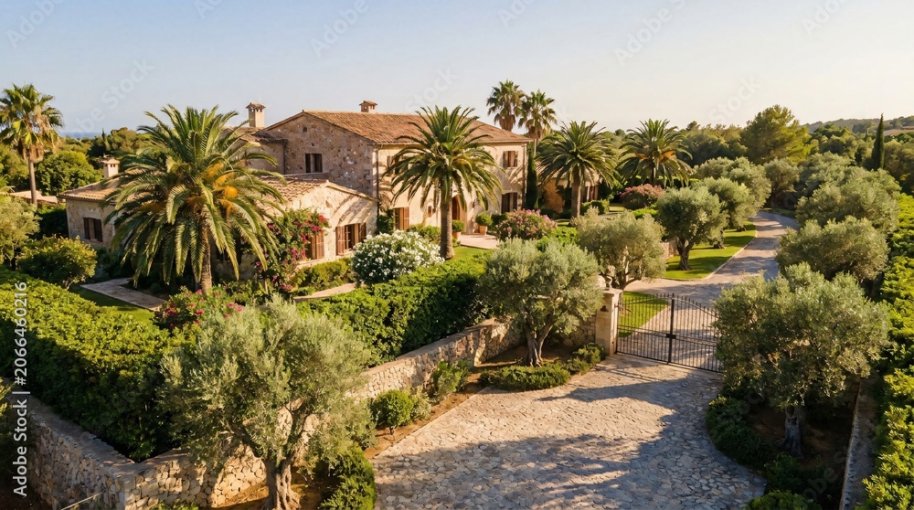 Fototapeta premium Aerial view of a luxury stone villa surrounded by palm trees and olive groves