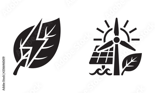 Clean vector icons representing green energy renewable power wind turbines and solar panels for sustainability