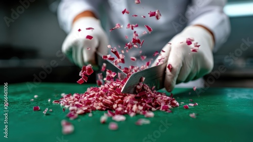A professional chef chopping red onions with precision in a modern kitchen, highlighting the skillfulness and passion behind culinary arts and the art of food preparation.