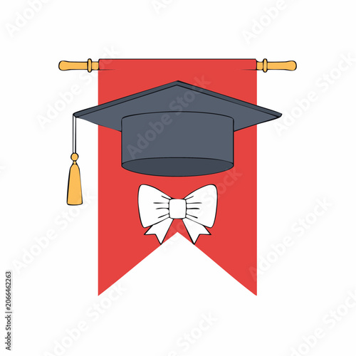 Graduation Cap and Bow on Red Banner