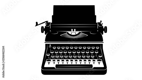 Konstfotografi Vintage Black Typewriter: A classic black typewriter with a paper roll sits ready for a story, embodying a bygone era of writing and creativity, perfect for literary themes