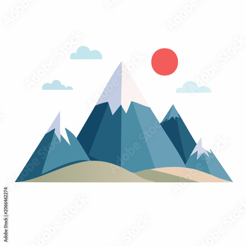 Geometric Mountain Landscape with Sun and Clouds