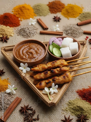 Celebrate the rich heritage of Southeast Asian cuisine. This beautifully composed shot of grilled satay, savory peanut sauce, and rice cakes surrounded by aromatic spices captures 