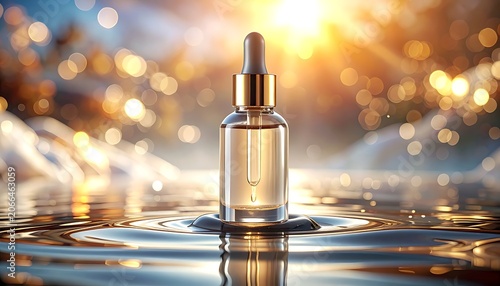 A serene dropper bottle on rippling water with golden sunlight