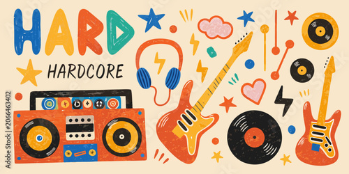 Canvastavla Retro Music Illustration With Boombox Guitars Headphones And Vinyl Records