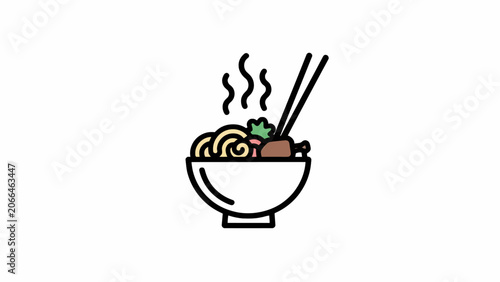 A steaming bowl of noodles with chopsticks.