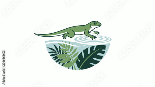 A green lizard on tropical leaves.