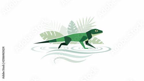 Green lizard in tropical water scene.