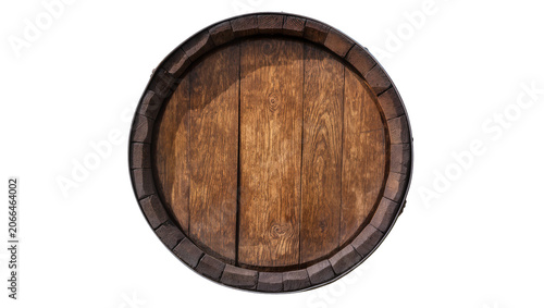 Obraz na plátně Isolated vintage wooden barrel end with dark metal rim, rustic oak cask for stor