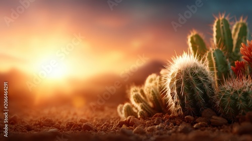 A close-up of vibrant cacti illuminated by the golden rays of the sunrise, showcasing nature's beauty and resilience in the harsh desert environment.