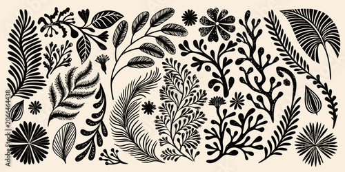Foto Black botanical illustration with various leaves and floral elements