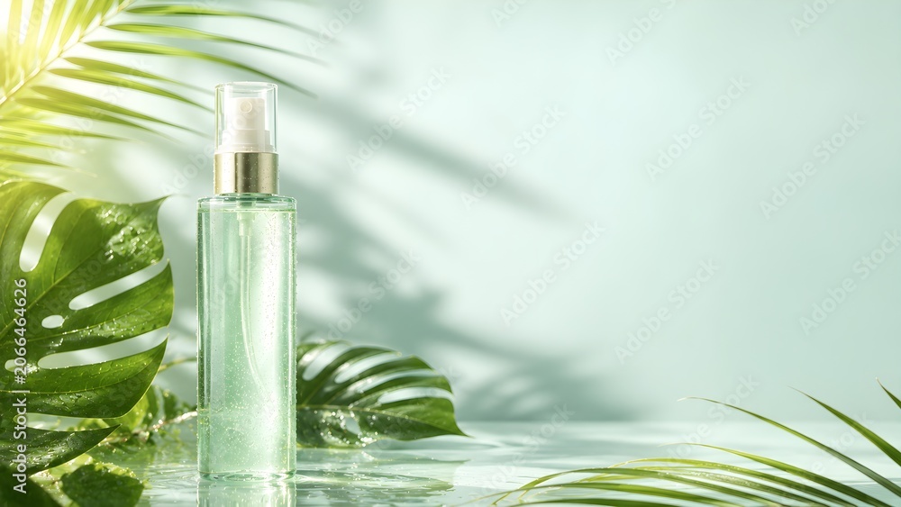 Fototapeta premium Refreshing Facial Mist Spray with Tropical Green Leaves, Natural Skincare Concept