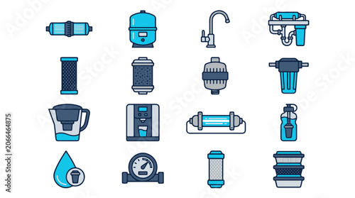 Photos Water Filtration System Icons Set Featuring Various Home Purification Equipment