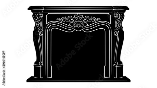 Tableau sur toile Ornate Fireplace Silhouette: A classic fireplace mantelpiece rendered in a striking black silhouette, featuring intricate carvings and decorative molding, offering a timeless architectural accent