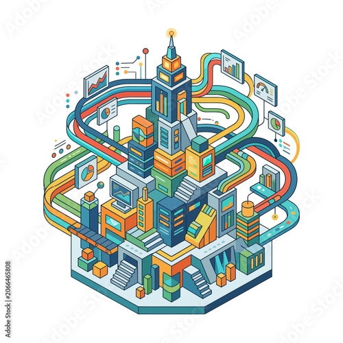 Abstract Digital Cityscape with Data Streams