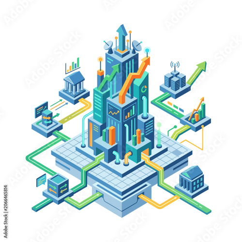 Abstract Digital Cityscape with Data Flow and Growth Arrows