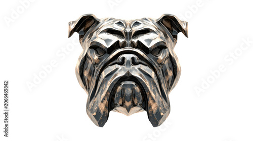 Metallic bulldog face sculpture with reflective chrome finish symmetrical design and fierce expression isolated dramatically on white background