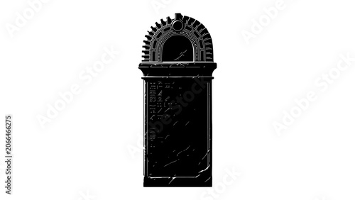 Cuadro en lienzo Gothic Monument: An imposing black stone gothic monument stands solemn against a stark background, its intricate details suggesting a solemn memorial or historical artifact