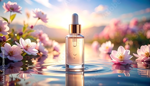 A serene scene with a glass dropper bottle on water surrounded by flowers
