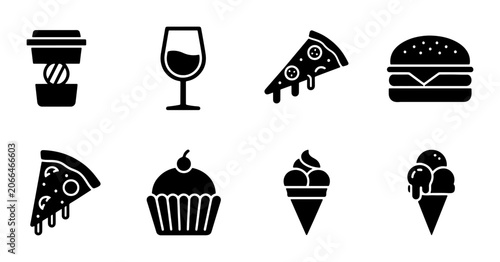 Food Icons Set: Pizza, Burger, Cupcake, Ice Cream, Coffee, Wine Glass Vector Graphics