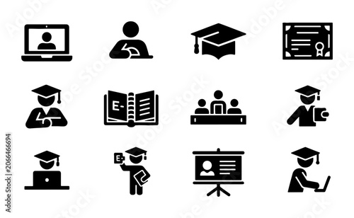 Education Icons Set: Graduation Cap, Diploma, Laptop Learning, E-learning, Students, Classroom