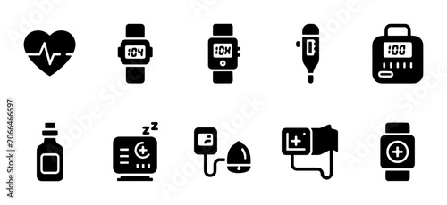 Medical Health Icons: Heartbeat, Smartwatch, Thermometer, Blood Pressure Monitor, Medicine Bottle, Sleep Tracker