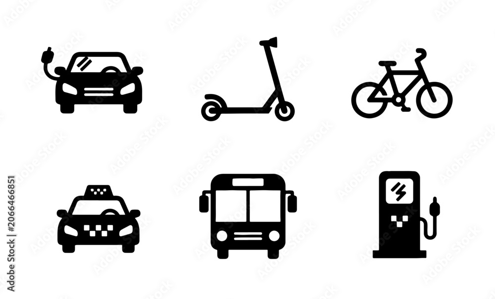 Naklejka premium Modern Transportation Icons: Electric Car, Scooter, Bicycle, Taxi, Bus, Charging Station