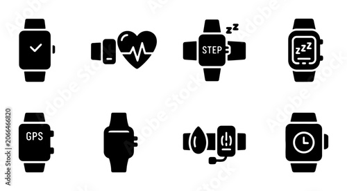 Smartwatch Icons Set: Fitness, Health, GPS, Sleep Tracking, Vector Graphics