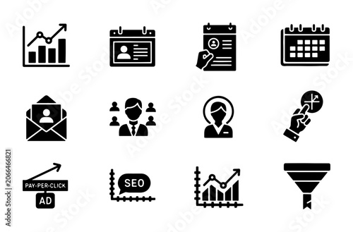 Business Growth Icons: Analytics, SEO, Calendar, Team, Lead Generation, Marketing