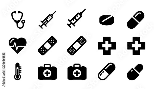 Medical Icons Set, Healthcare Symbols, Pharmacy Graphics, Doctor Equipment, Clinic Icons