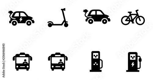 Electric Vehicle Icons: Car, Scooter, Bicycle, Bus, Charging Station Set