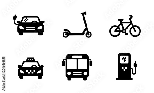 Modern Transportation Icons: Electric Car, Scooter, Bicycle, Taxi, Bus, Charging Station