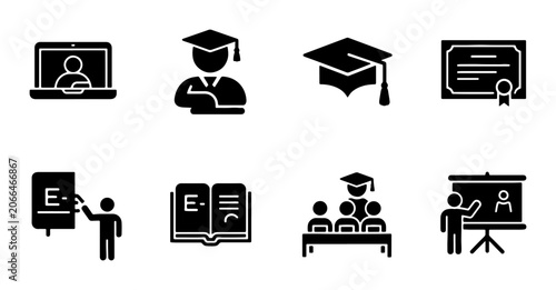 Education Icons Set, Graduation Cap, Diploma, Online Learning, Classroom Teaching, Study Symbols