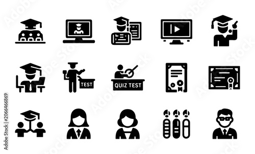 Education Icons Set, Graduation Cap Symbols, Online Learning, Academic Achievement Vector Graphics