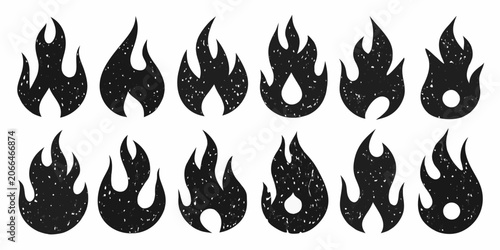 Cuadro en lienzo Twelve Black Silhouette Fire Flame Icons On A White Background