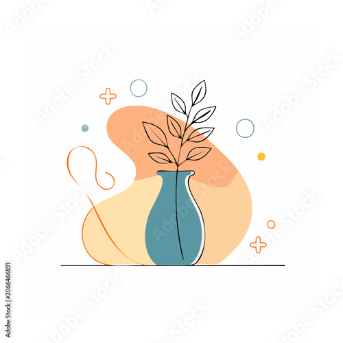Blue vase with orange flower and green leaves