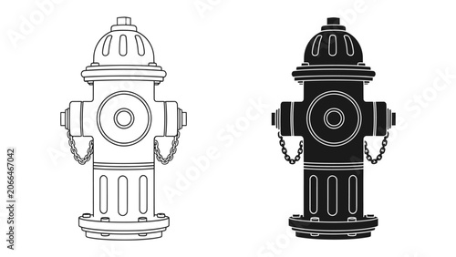 Fotografie Fire Hydrant Icon: A classic fire hydrant depicted in both outline and silhouette, symbolizing safety and emergency services in urban environments