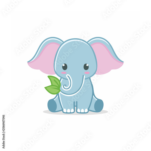 Cute blue elephant with pink flower and green leaf