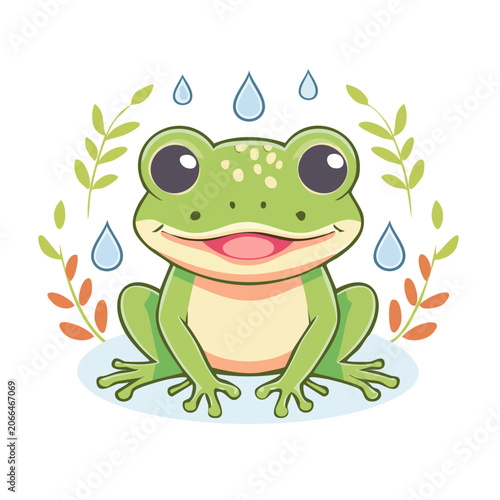 Cute cartoon frog with water droplets and leaves