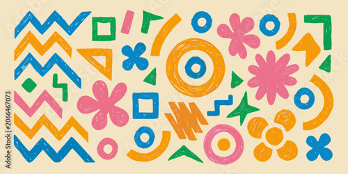 Tableau sur toile Abstract geometric pattern in memphis style with colorful shapes and lines