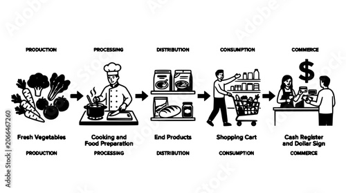 Vegetable Production to Commerce Infographic Showing Stages Like Processing, Distribution, Shopping Cart and Cash Register